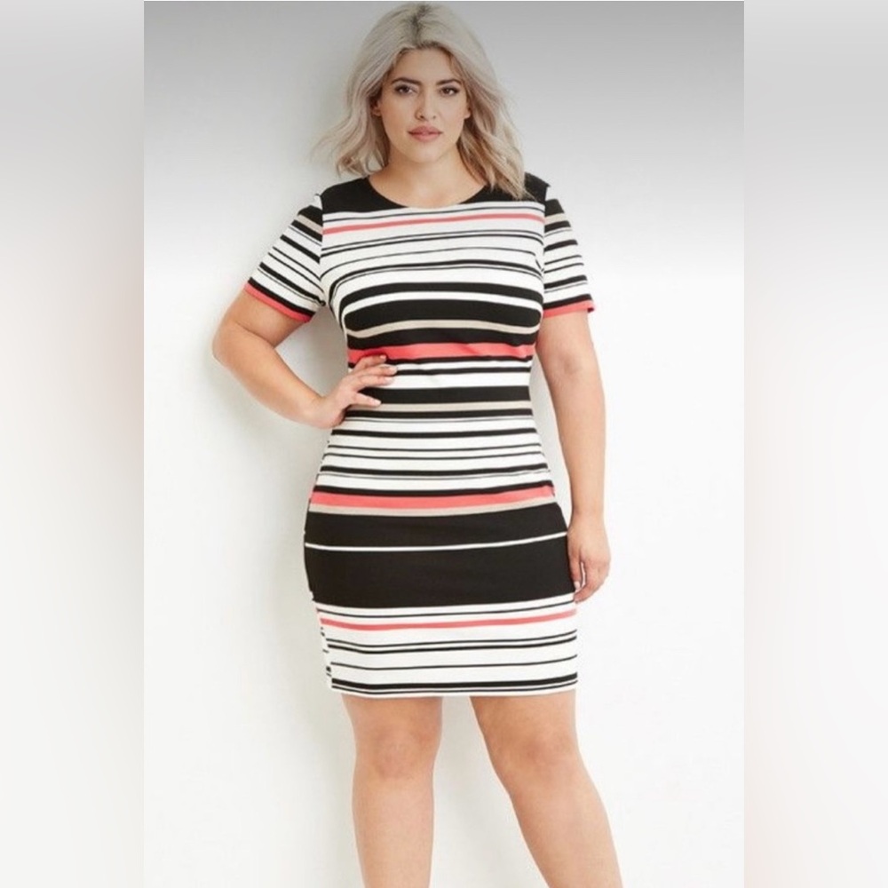 🆕 Forever 21+ - Black, White & Pink Bodycon Midi Dress